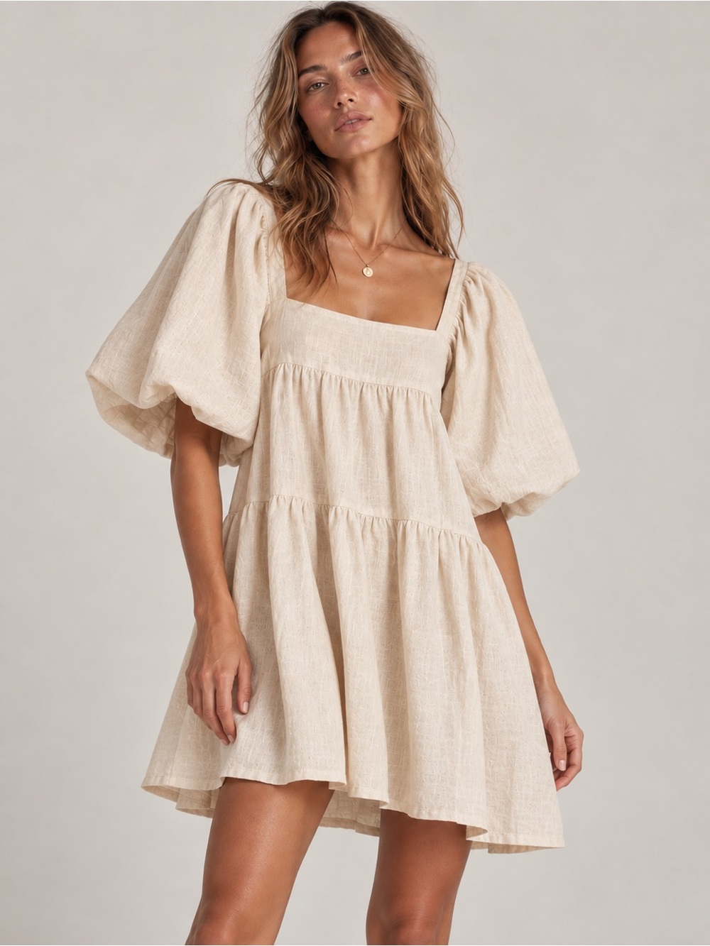 SNDYS Cottagecore Linen Blend Puff Sleeve Mini Dress Cream Size S Coquette